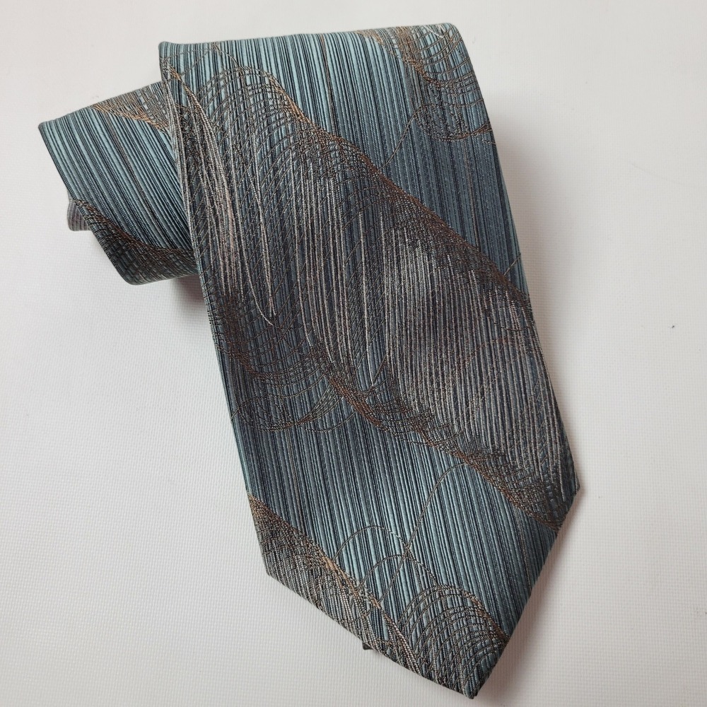 Ertu Mens Silk Tie Blue Silver Bronze Abstract Swirl Textured Made in Japan